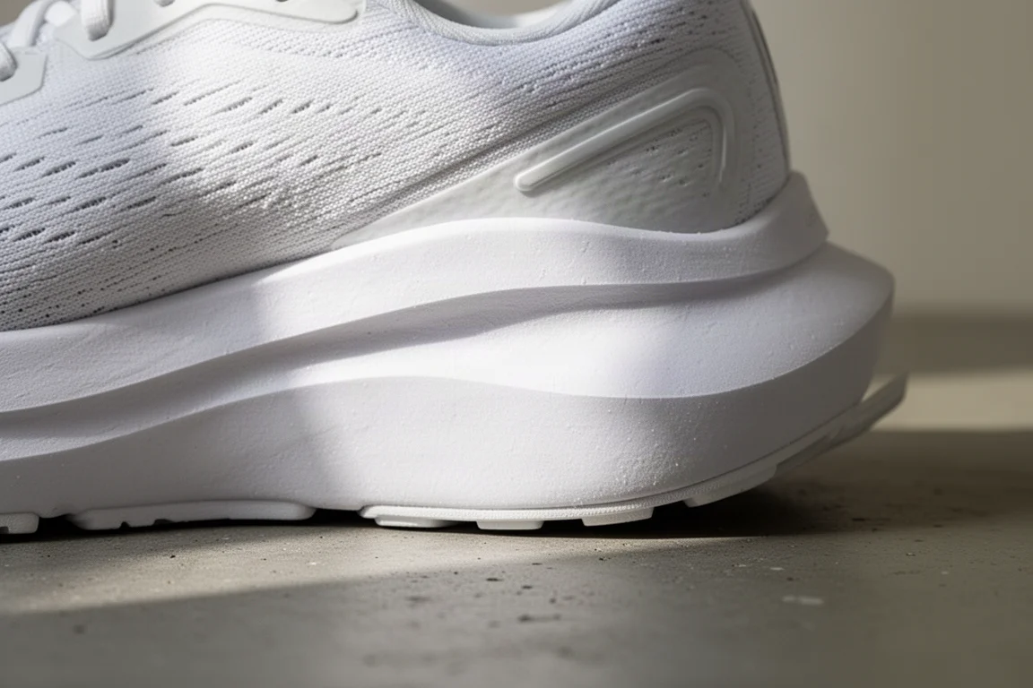 Close-up of a thick white running shoe midsole showing cushioning foam