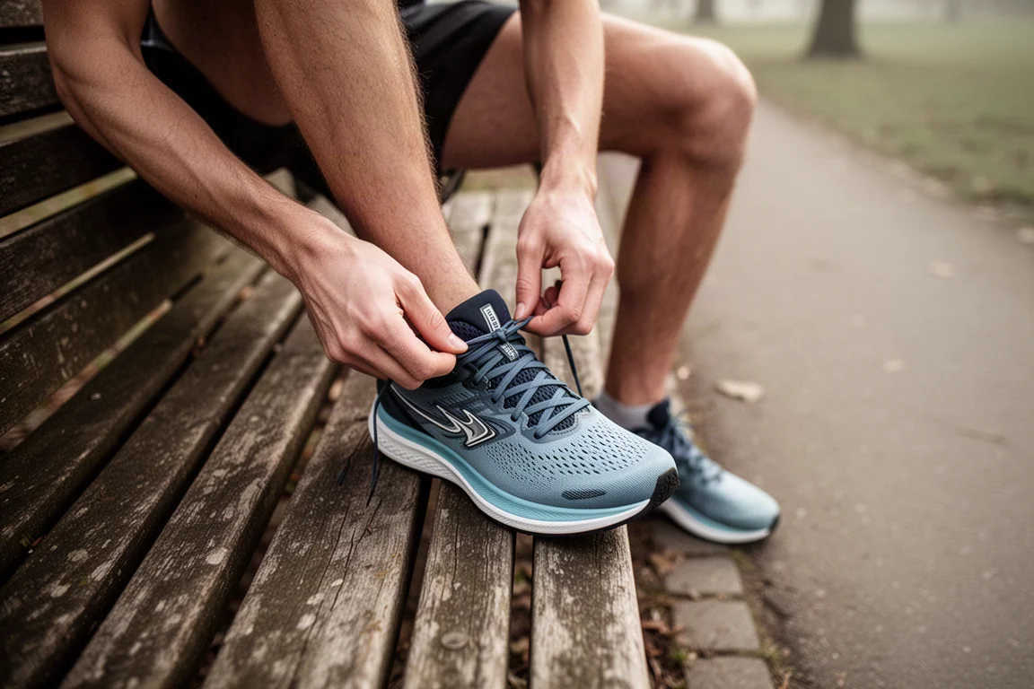 Runner tying laces on a running shoe before a long run