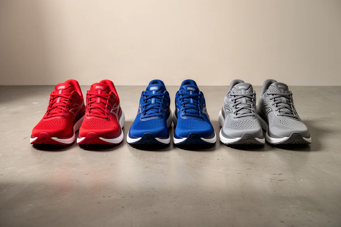 Three pairs of running shoes lined up on a concrete floor