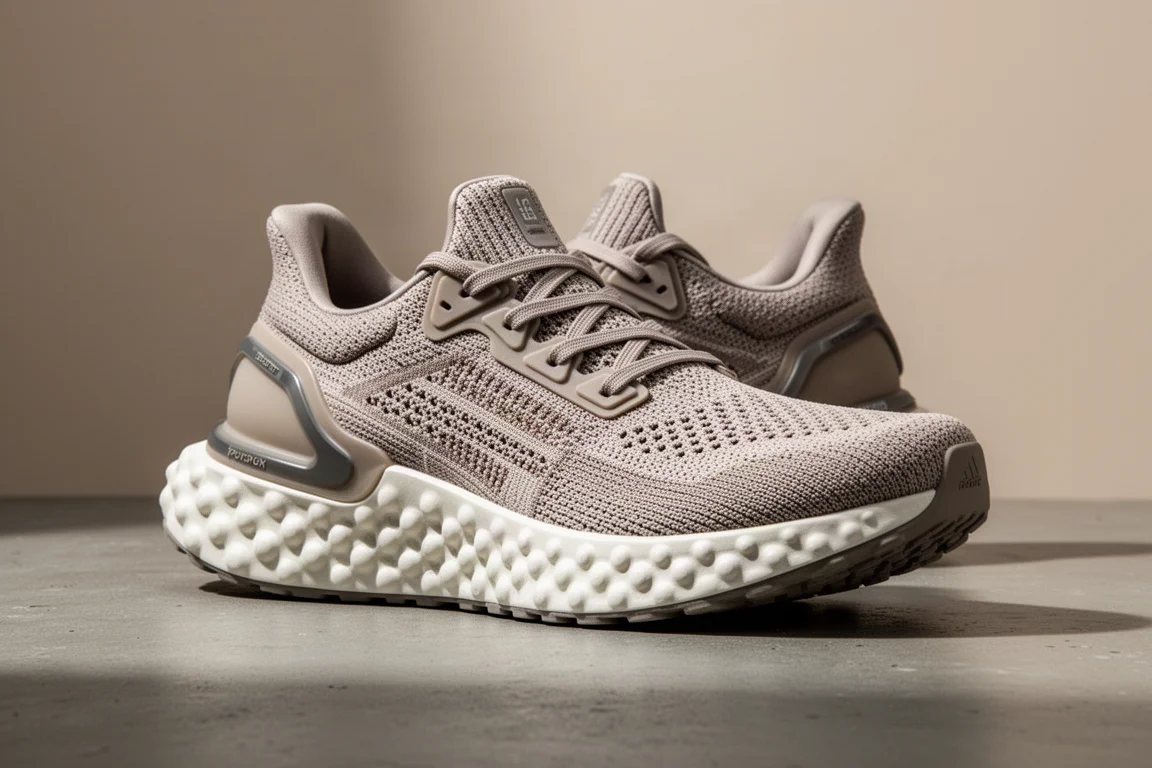 Max-cushioned running shoe with beaded foam midsole on concrete surface