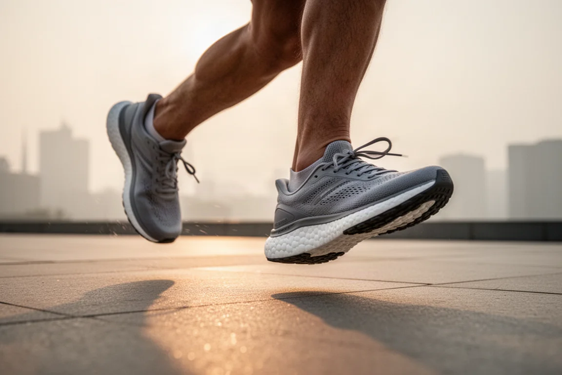 Runner's feet in lightweight running shoes on smooth city pavement at dawn