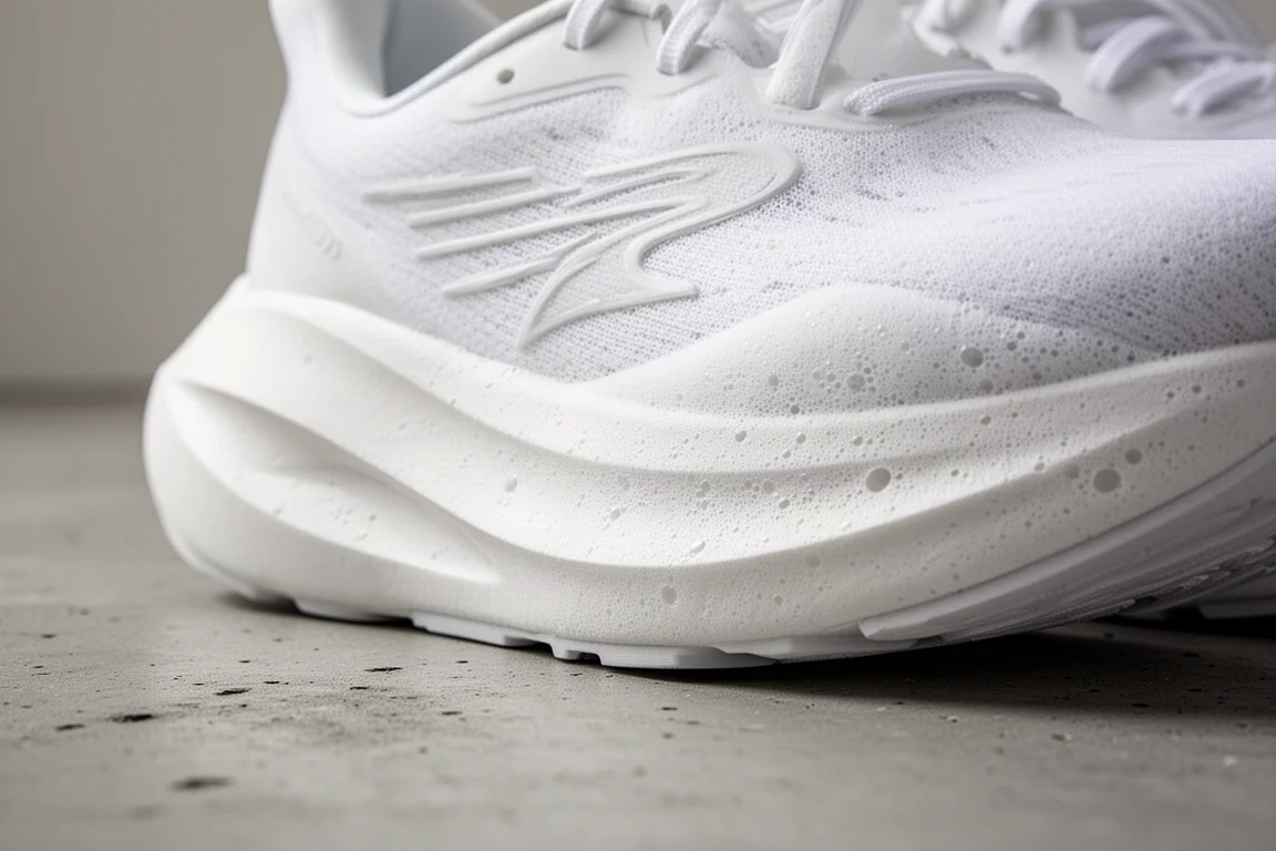 Close-up of thick white supercritical foam midsole of a running shoe