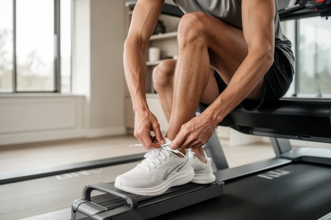 Runner tying laces on a treadmill in a modern home gym
