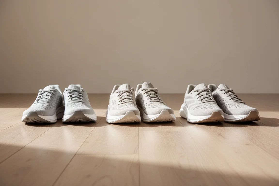 Three pairs of running shoes arranged on a wooden floor