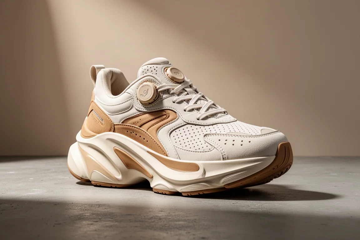 Oversized off-white max-cushion running shoe with dial closure on concrete