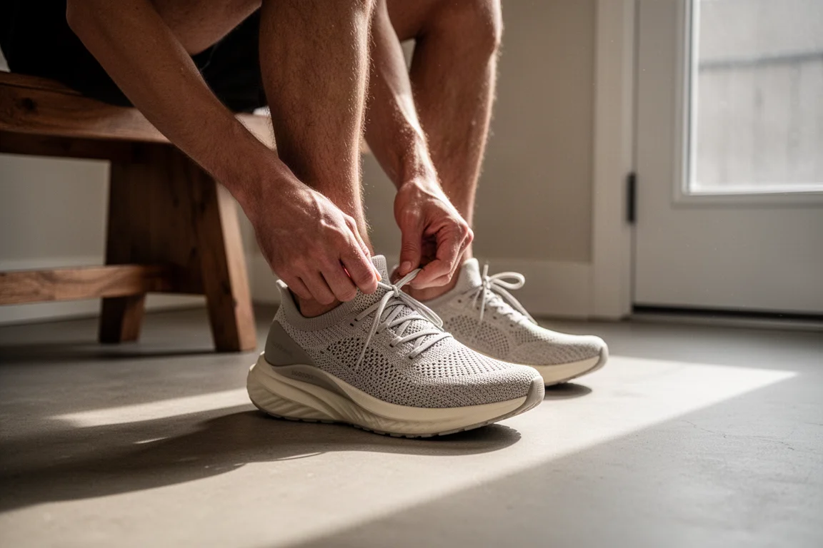 Läufer schnürt einen leichten Laufschuh aus Strickmaterial auf einem Holzfußboden