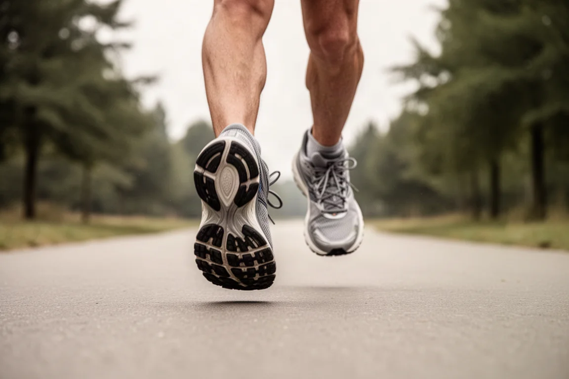 Läuferfüße in einem Trainingsschritt auf asphaltiertem Weg bei weichem Tageslicht