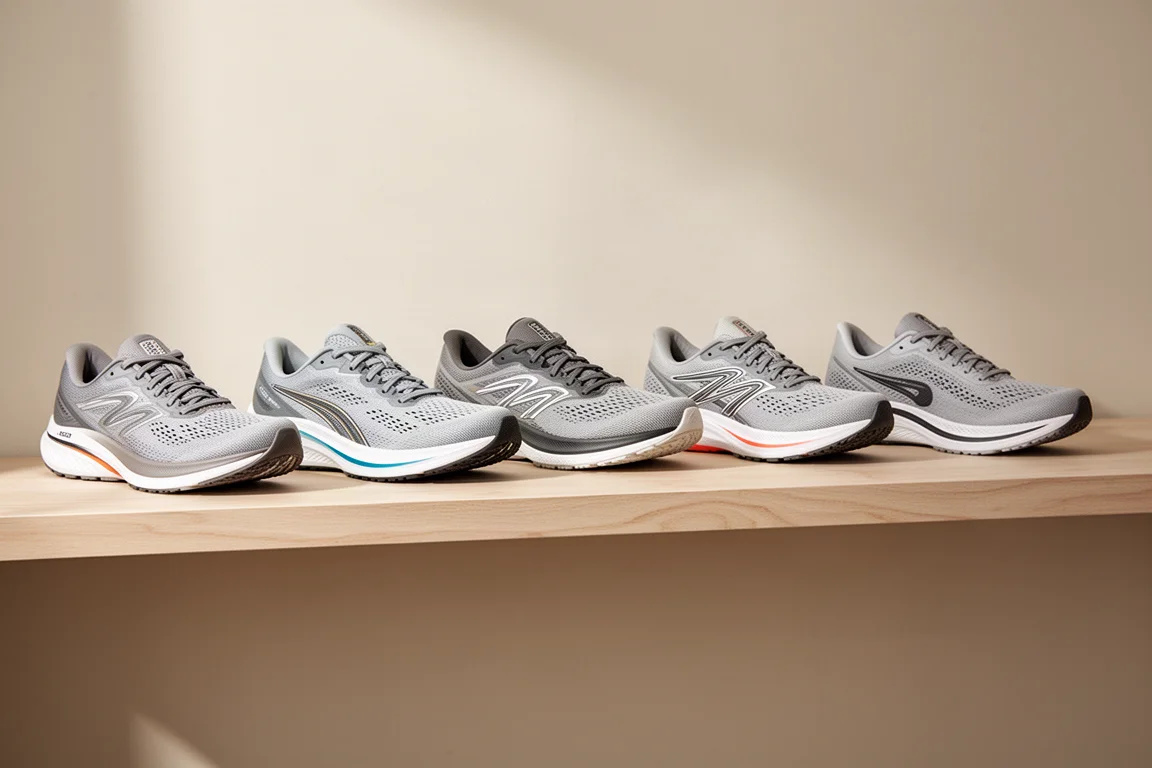 Reihe alternativer Laufschuhe als Alltagstrainer auf einem Regal