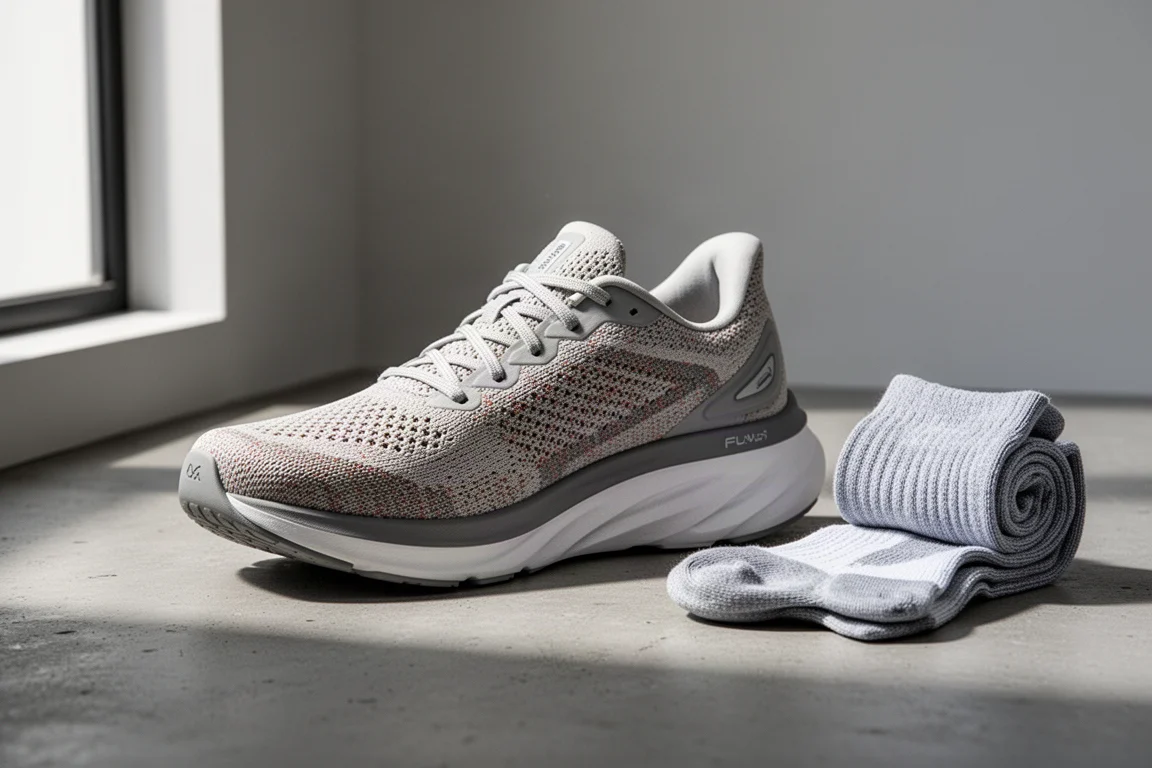 Under Armour UA Velocity 3 running shoe with knit upper and thick midsole on concrete