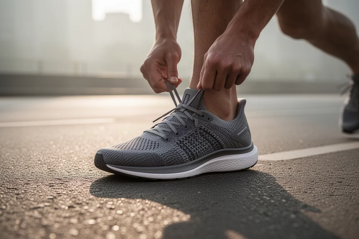 Corredor atándose los cordones de una zapatilla de running en una acera de la ciudad con luz matinal