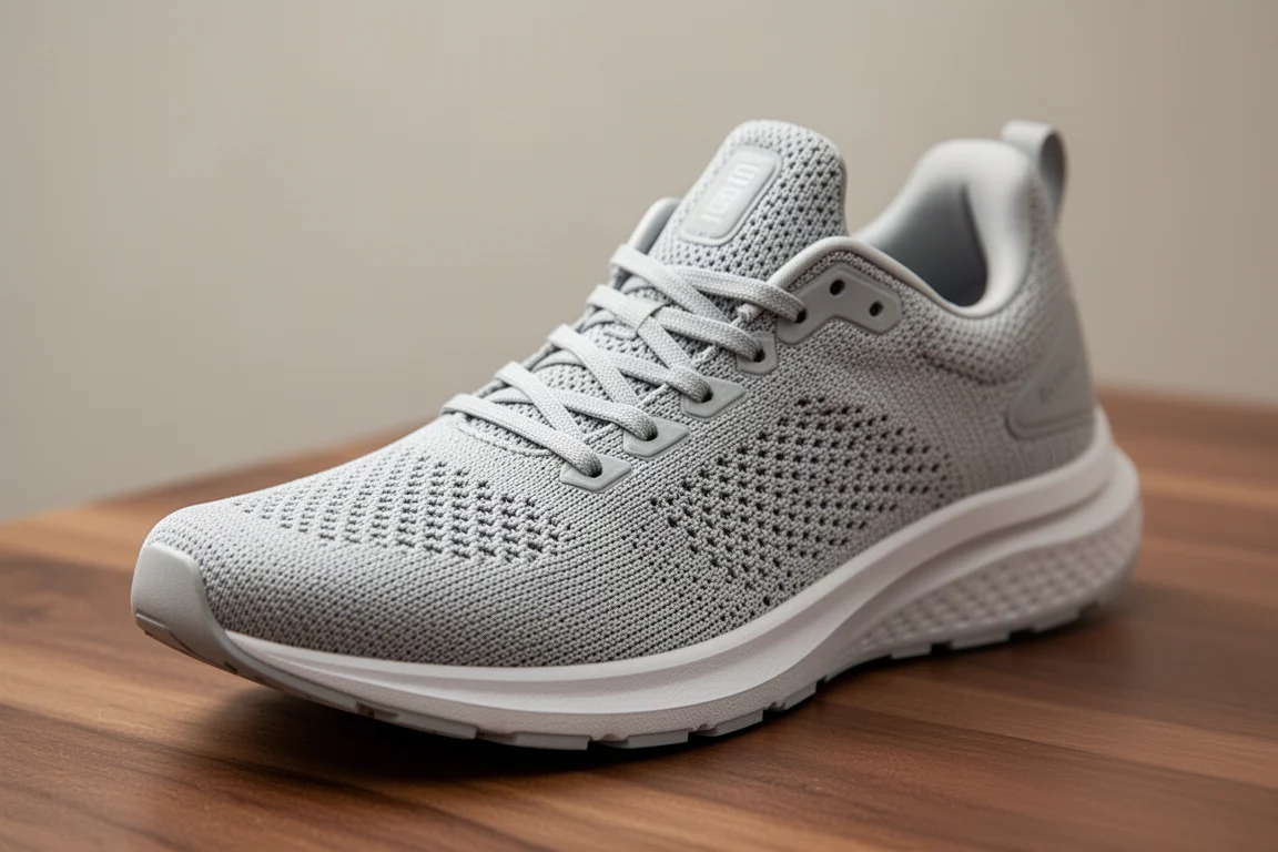 Primer plano detallado del empeine de punto de una zapatilla de running mostrando la textura y la estructura del cordado