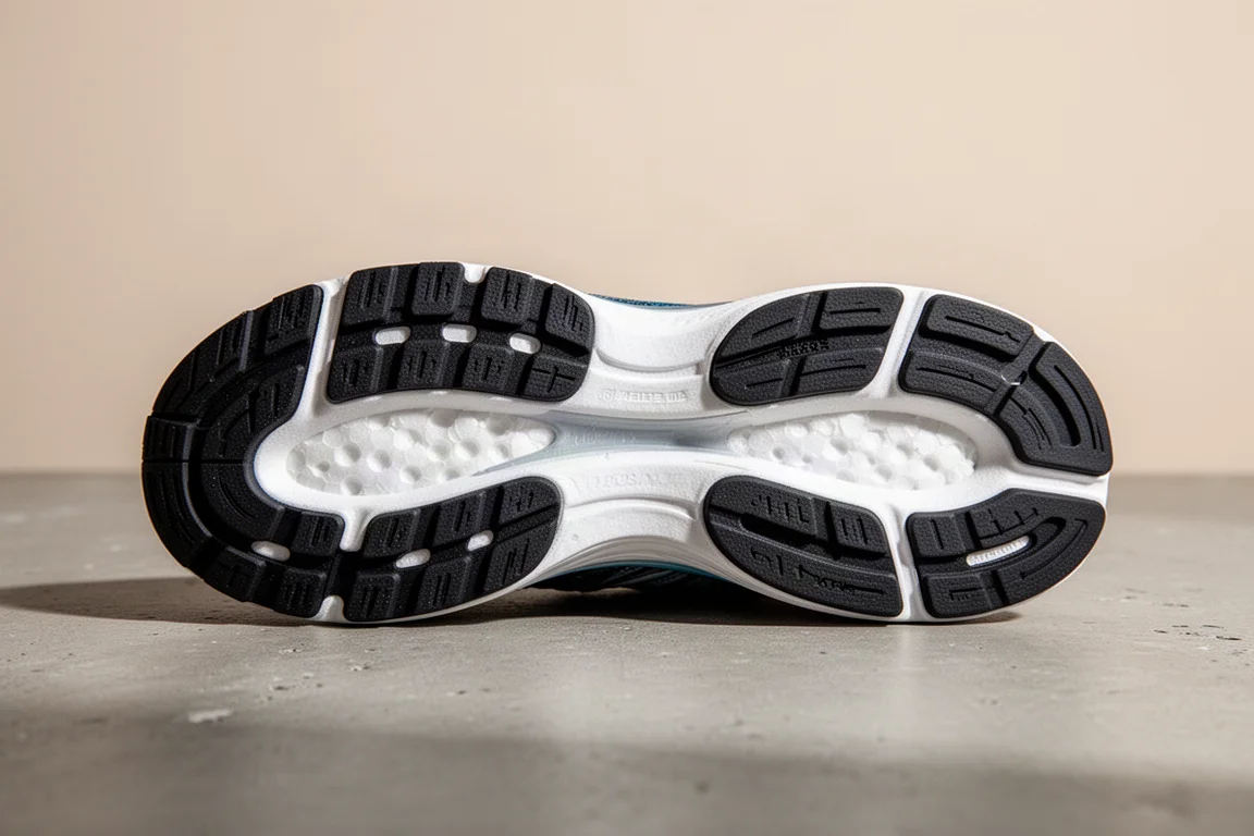 Suela exterior de una zapatilla de running mostrando la cobertura de goma en el talón y el antepié
