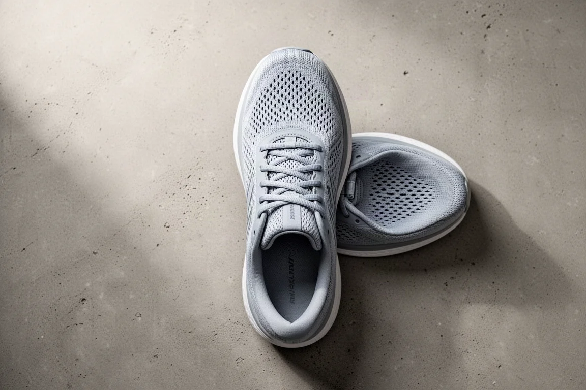 Runner's foot space illustrated by a roomy wide toe box on a concrete surface