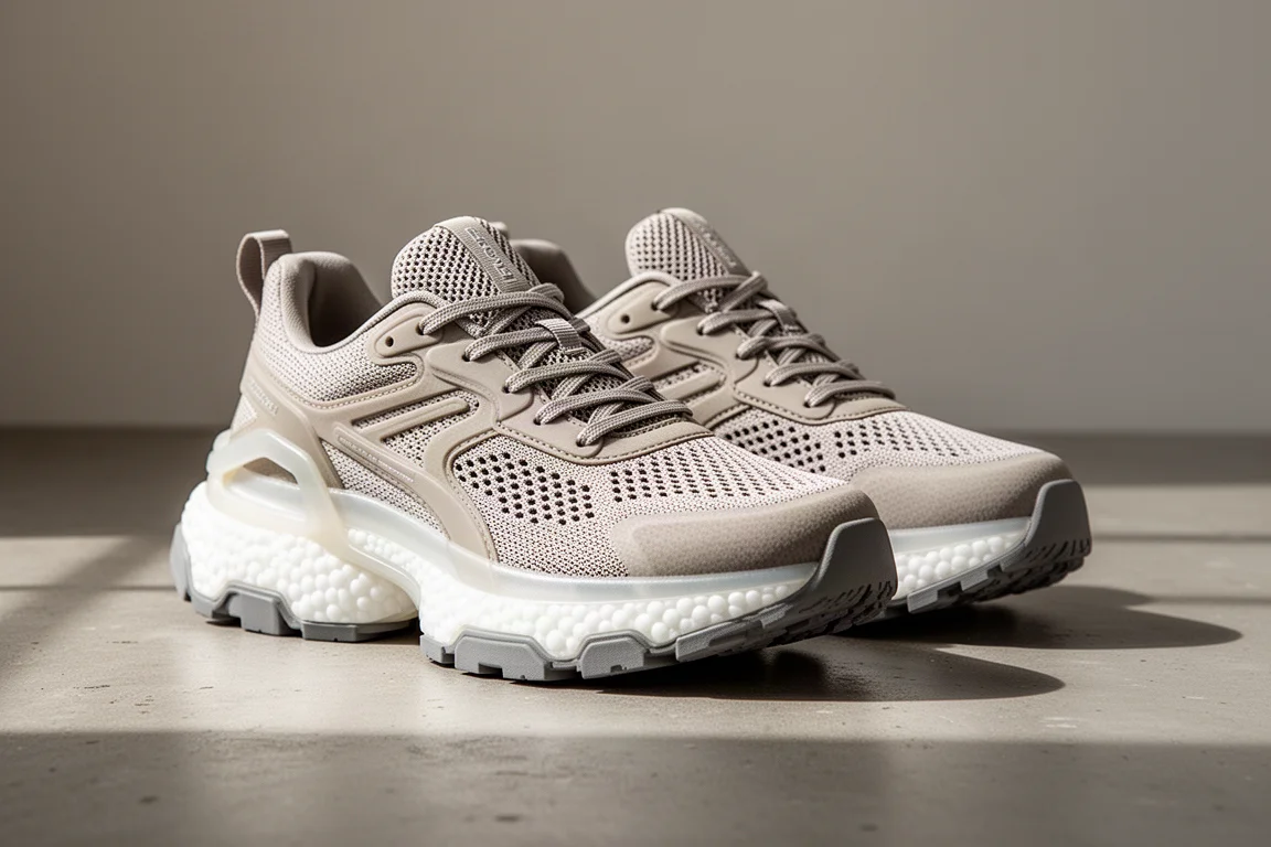 Paar stark gedämpfter Laufschuhe mit dicken, durchscheinenden Mittelsohlen auf Beton