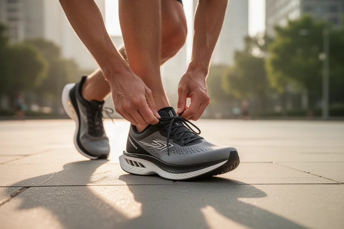 Un runner allaccia una scarpa da gara con lamina in carbonio su un marciapiede urbano prima dell'allenamento