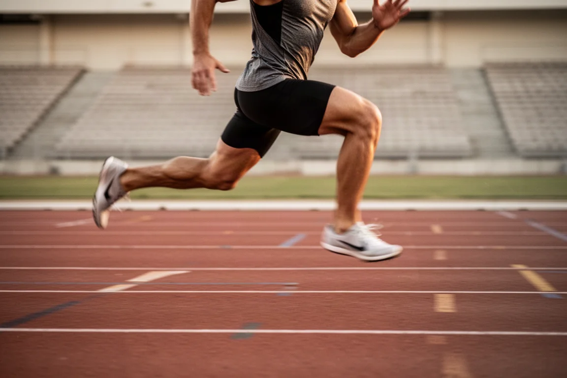 Un atleta corre veloci serie su una pista di atletica all'aperto