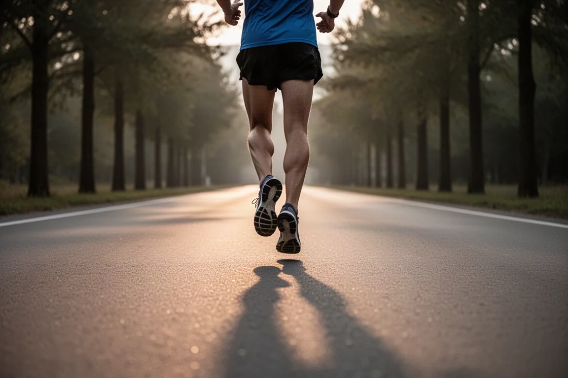 Un runner mantiene un ritmo costoso su una strada tranquilla nella luce soffusa della sera