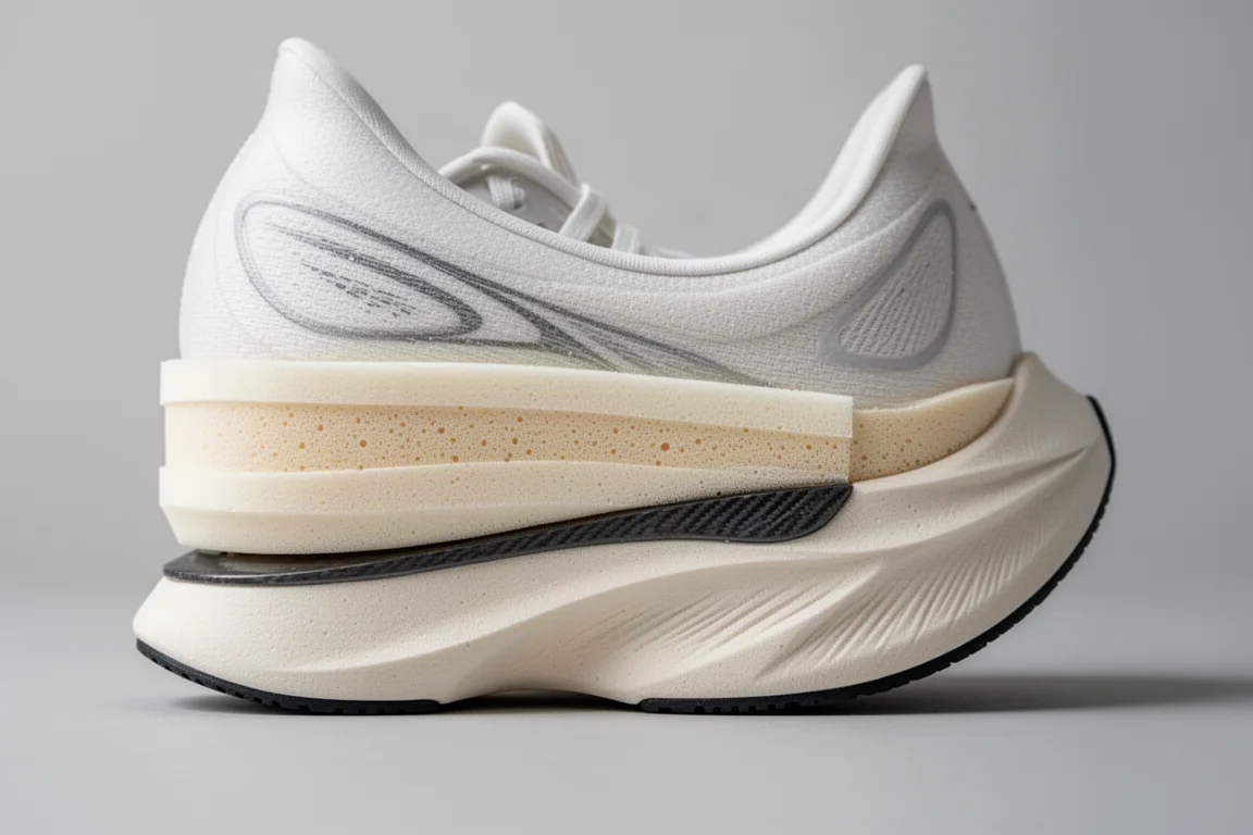 Close-up of a thick dual-density running shoe midsole with visible carbon plate edge