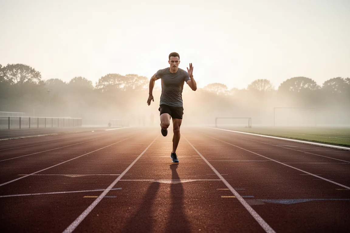 Runner doing track interval reps at dawn on an empty athletics track