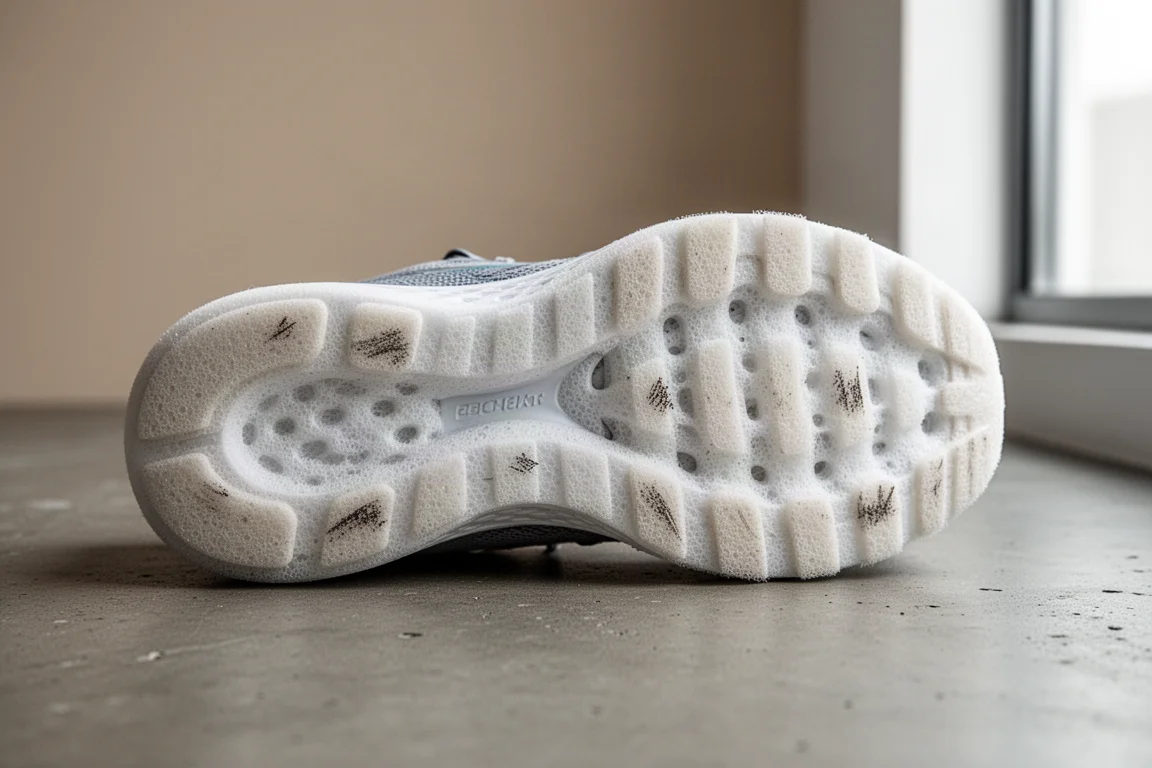 Worn running shoe outsole showing minimal scuffing on the sole material