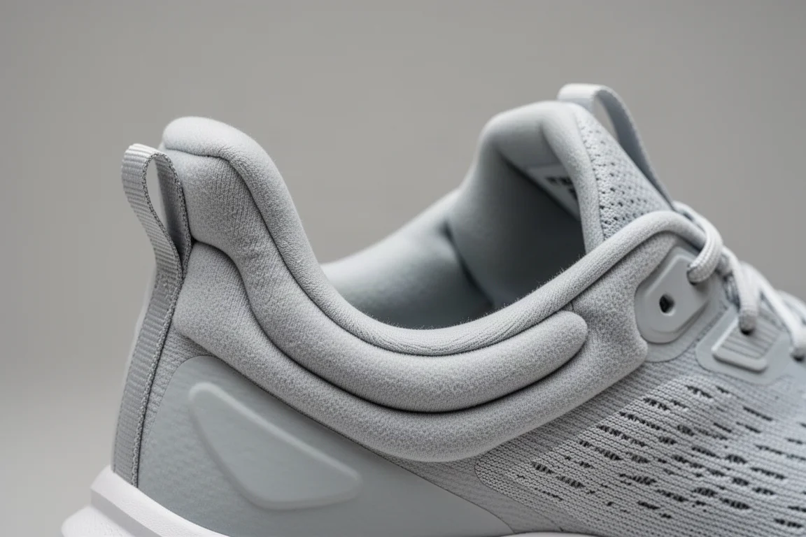 Close-up of a running shoe heel collar with generous padding