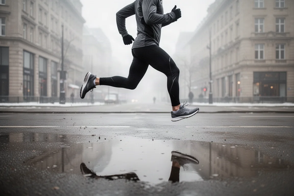 Runner moving at pace along wet London streets on a cold grey morning