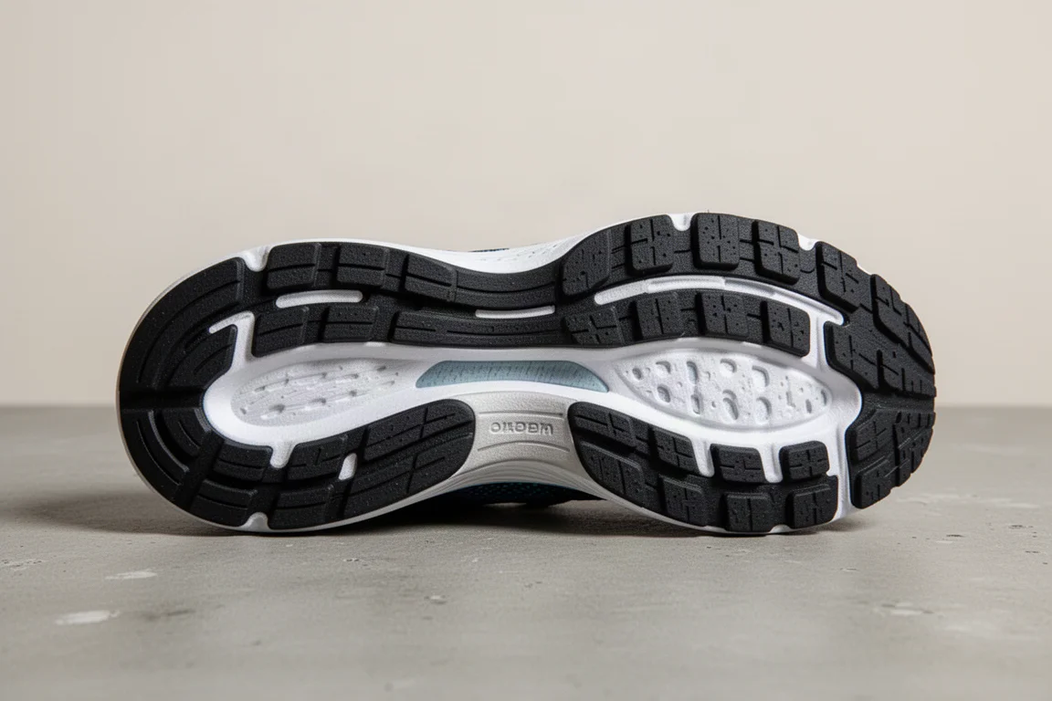 Underneath view of a running shoe outsole with thick rubber coverage