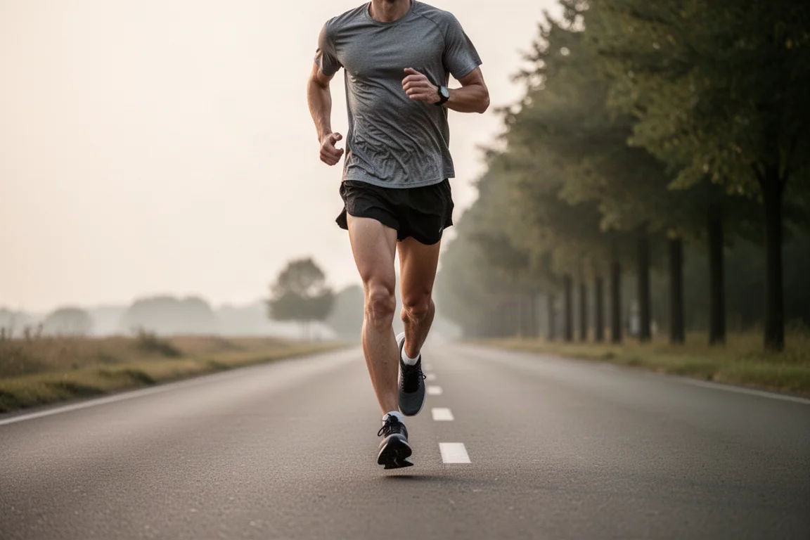 Runner finishing a tempo run on an open road in soft evening light