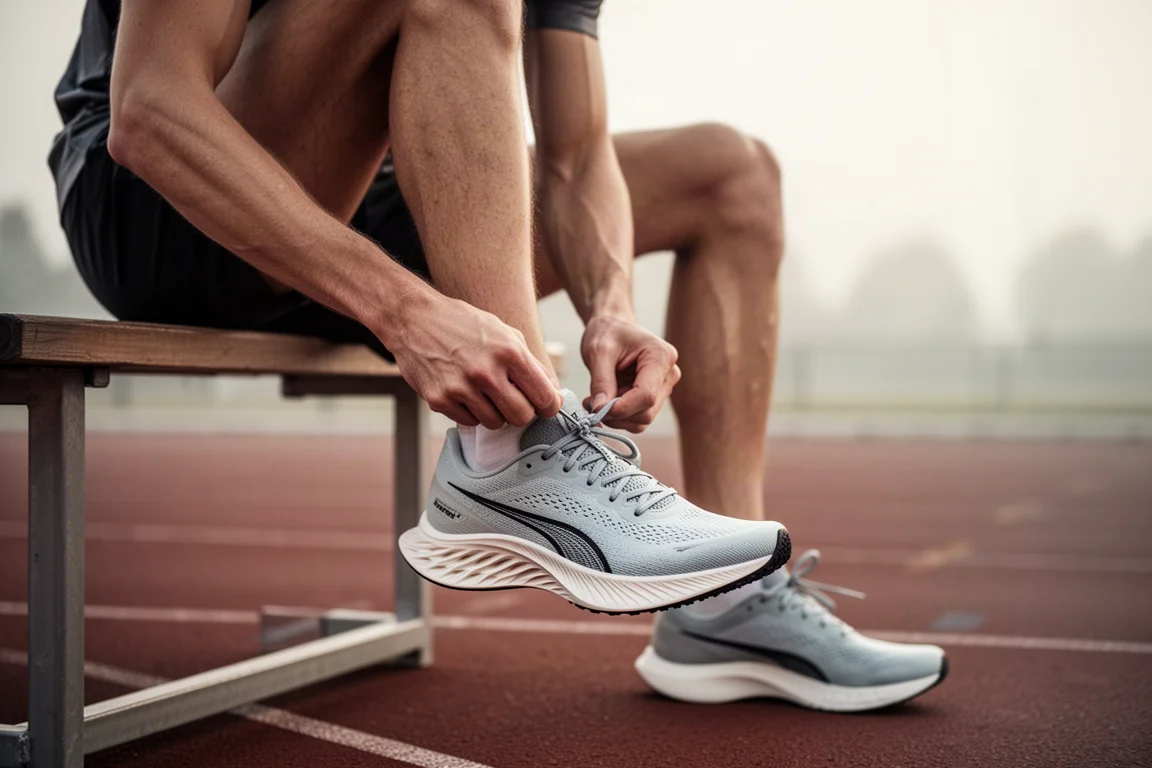 Läufer schnürt leichte Carbon-Rennschuhe auf einer Laufbahn