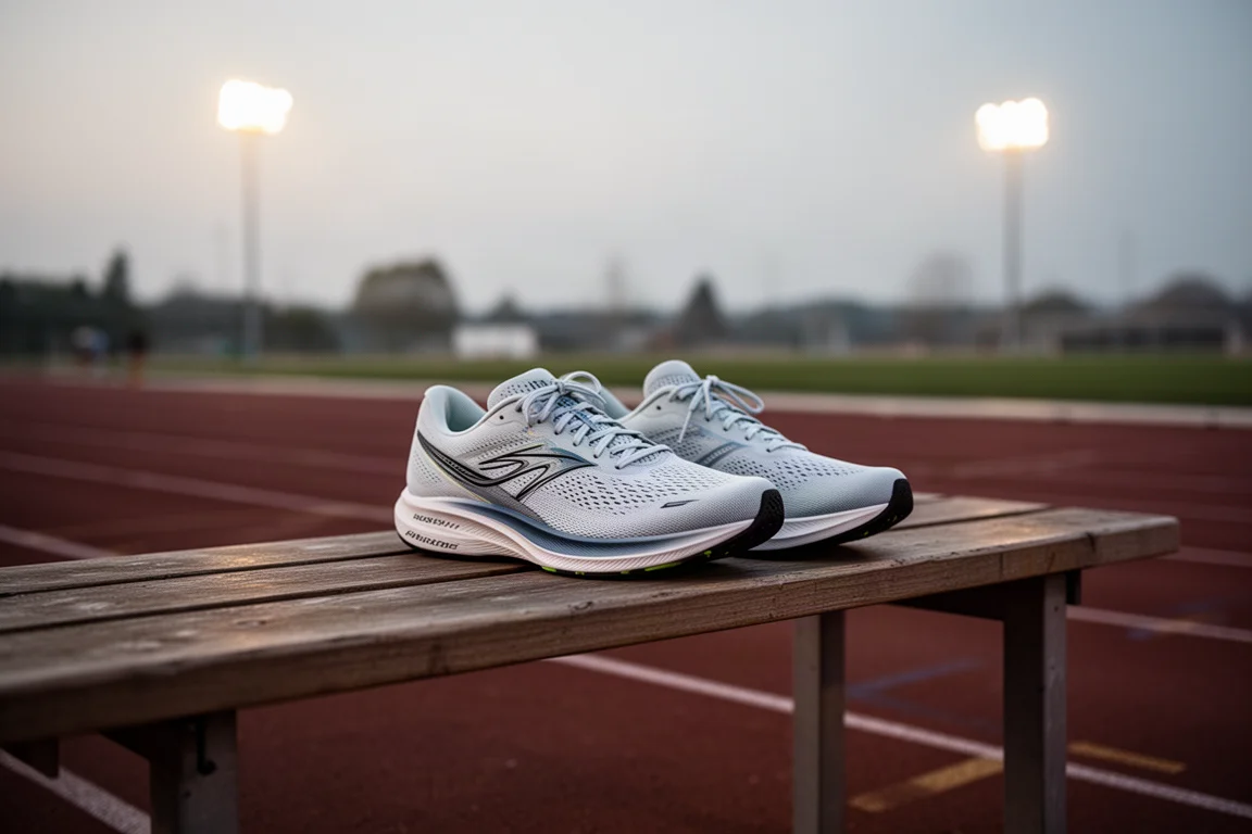 Snelle trainingsschoenen op een bankje naast de baan na een tempotraining