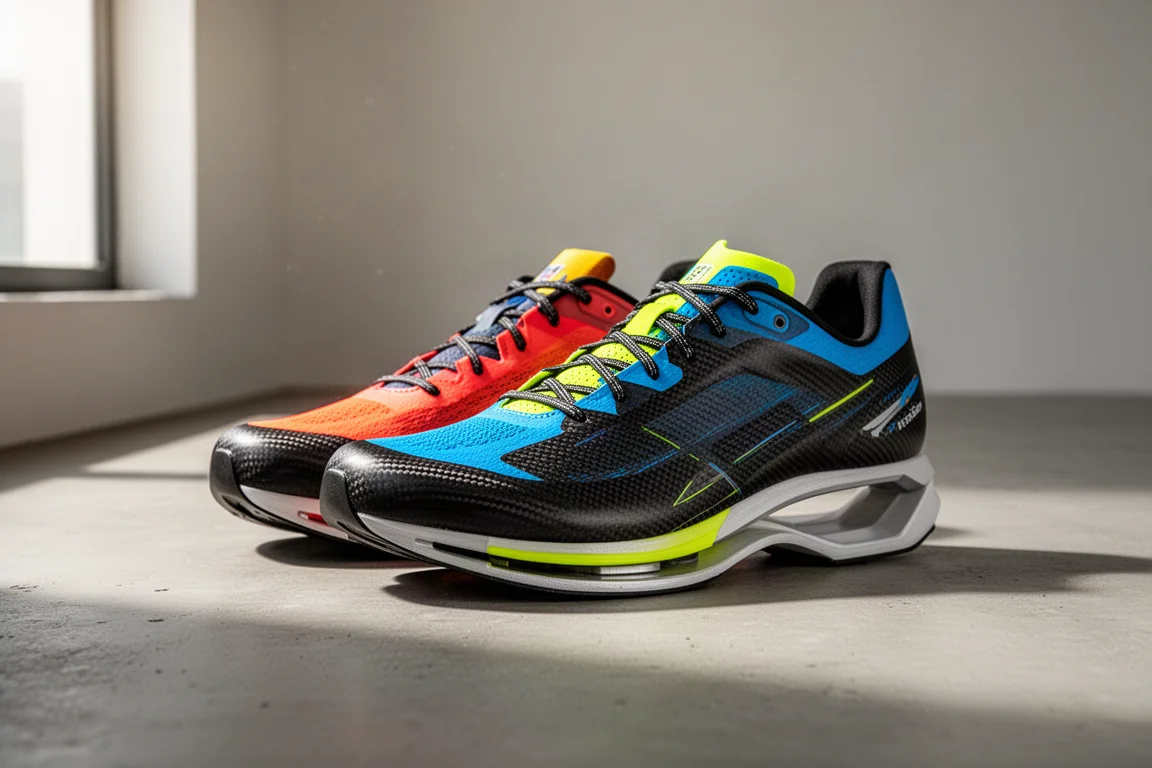 Pair of carbon plate road racing shoes on a concrete surface