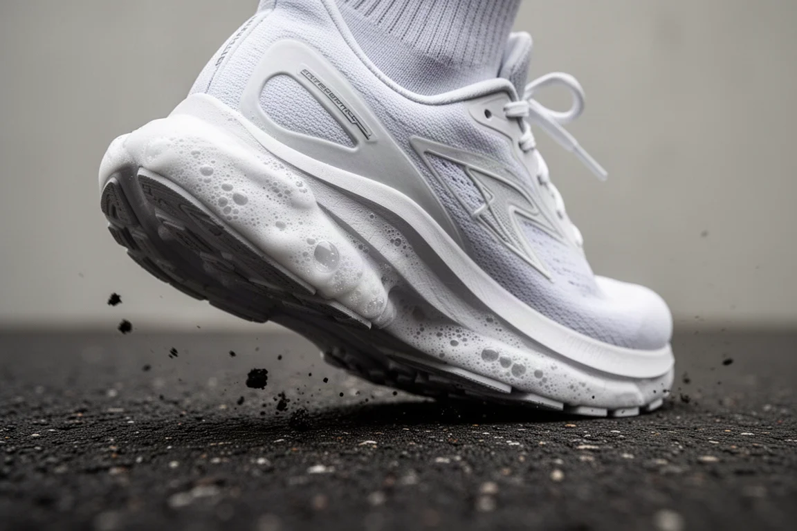 Close-up of a thick supercritical foam midsole compressing on tarmac