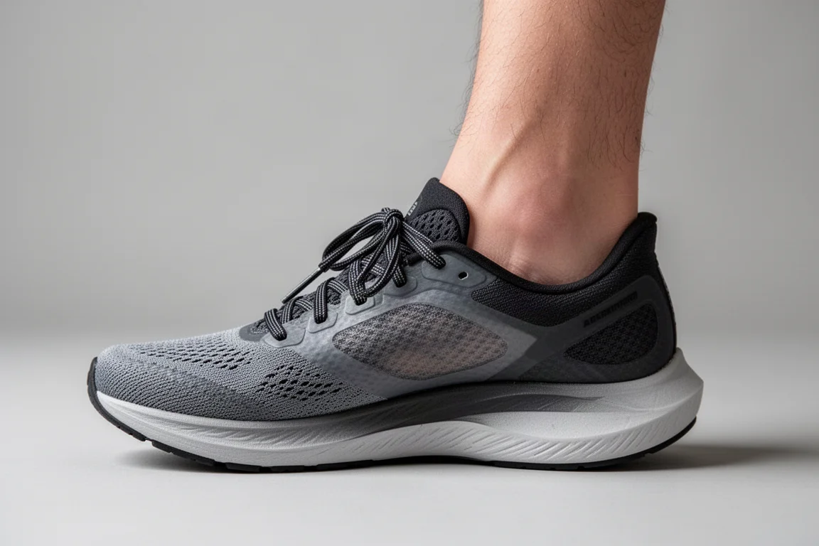 Runner's foot wearing a low-volume performance shoe upper, side view