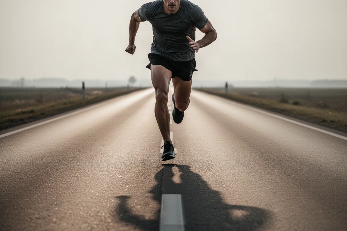 Runner pushing hard on a straight road during a fast interval session
