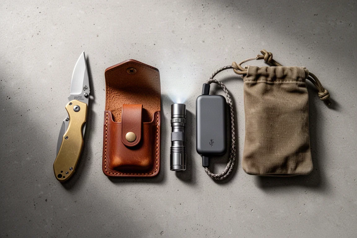 Flat-Lay von Everyday-Carry-Artikeln inklusive Messingwerkzeugen, Ledergeldbörse, Taschenlampe und Etui auf Beton