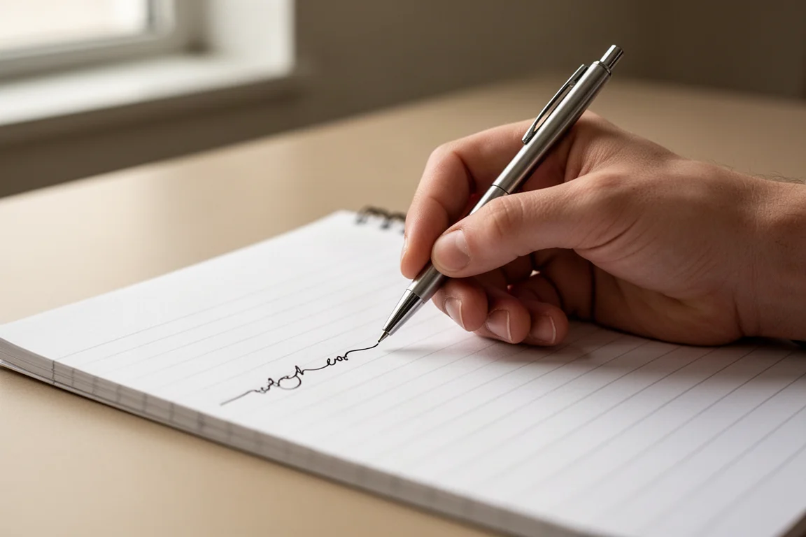 Person writing smoothly with a slim ballpoint pen on lined notebook paper