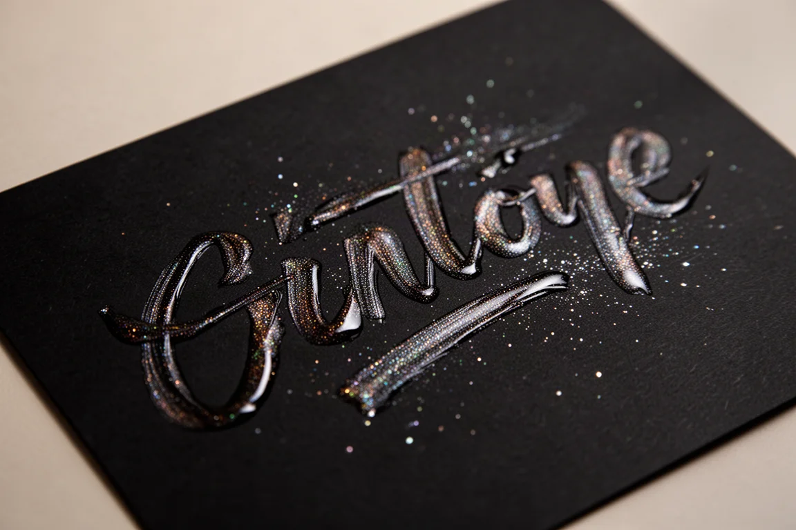 Metallic gel ink shimmering on dark paper in a handwritten swatch