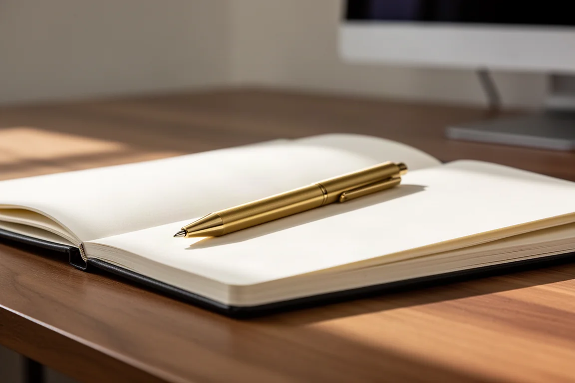 Brass-barreled gel pen resting on a notebook in an office setting