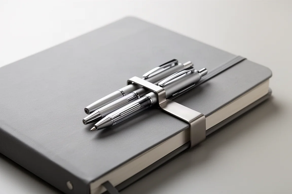 Compact multi pen clipped to the cover of a binder