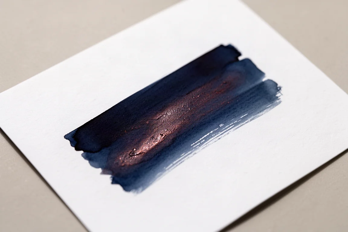Dark blue ink writing sample showing strong shading and a bronzy red sheen