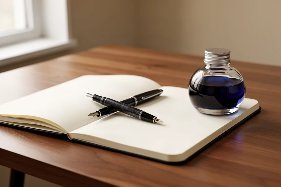 Writing desk scene with a fountain pen resting beside an ink bottle and a journal