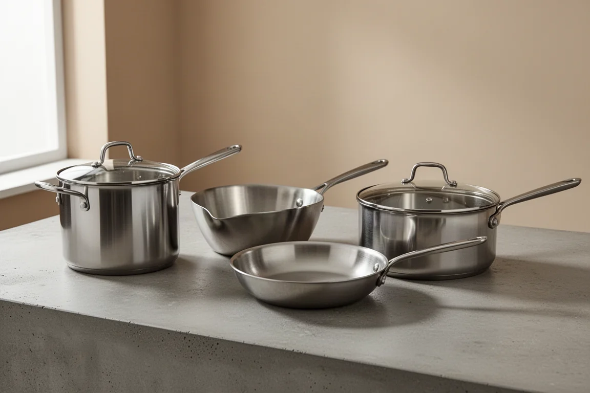 Four stainless steel pans including a sauce pan, saucier, skillet, and saute pan on a concrete surface