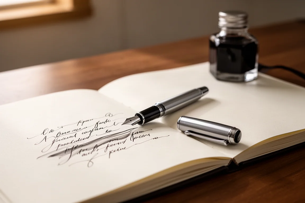Un escritor destapa una pluma estilográfica sobre un cuaderno en un escritorio de madera