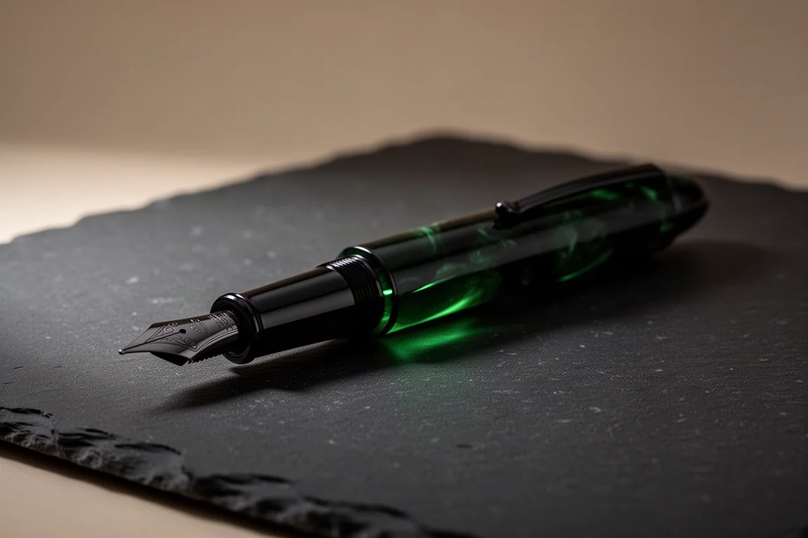 Pluma estilográfica de resina negra y verde brillando sutilmente en un escritorio oscuro