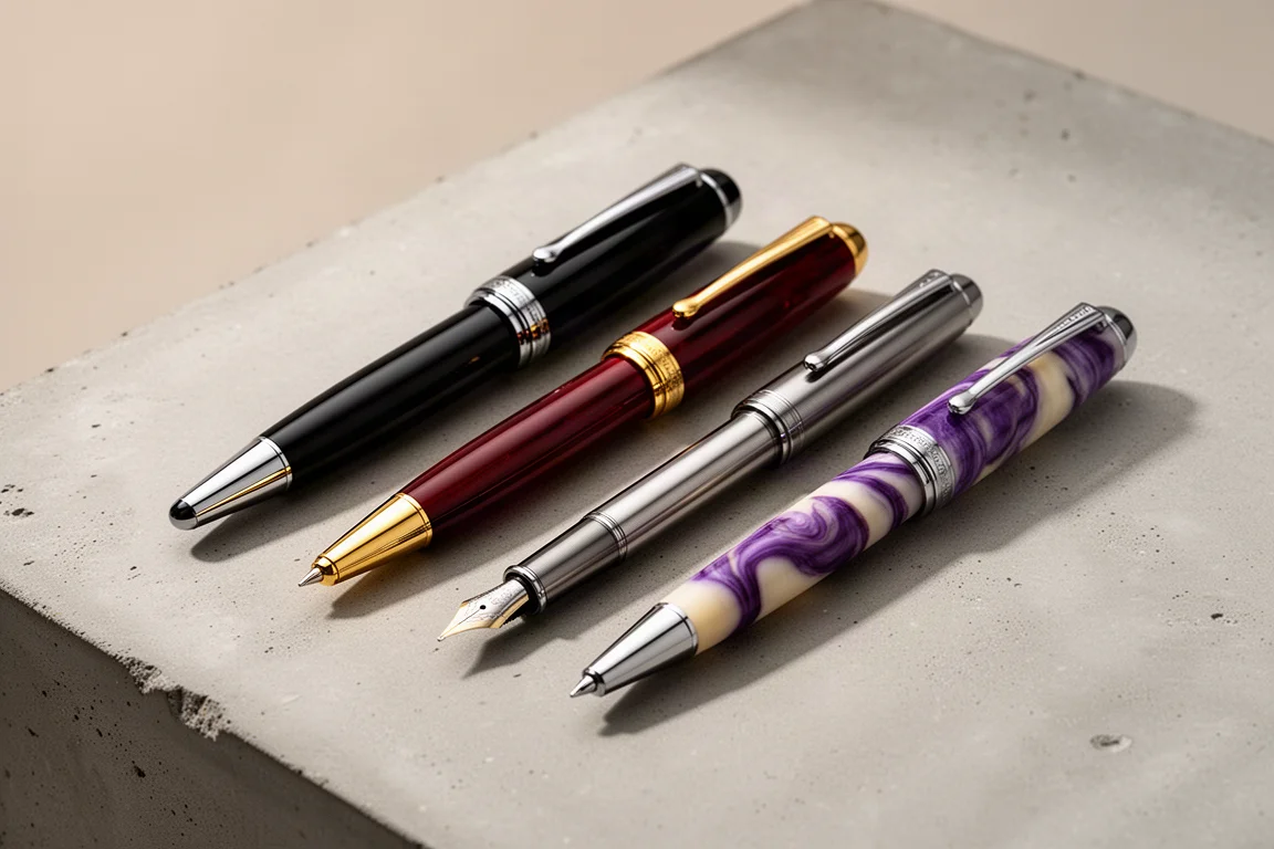 Collection of luxury fountain pens arranged on a matte concrete surface