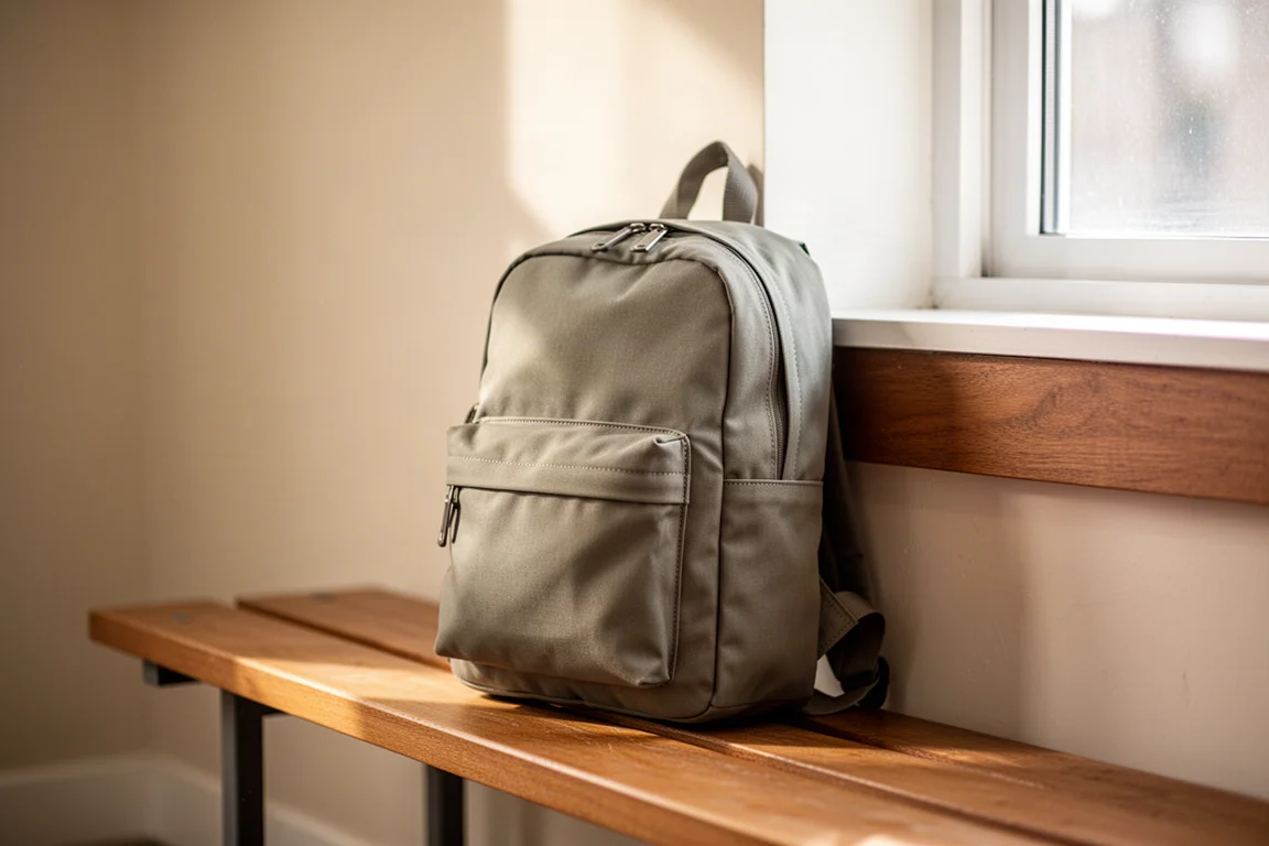 Porta-canetas slim com bolsos com zíper e canetas sobre uma escrivaninha de madeira