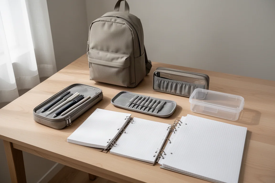 Flat lay of backpacks, pen cases, and notebooks on a light wooden desk