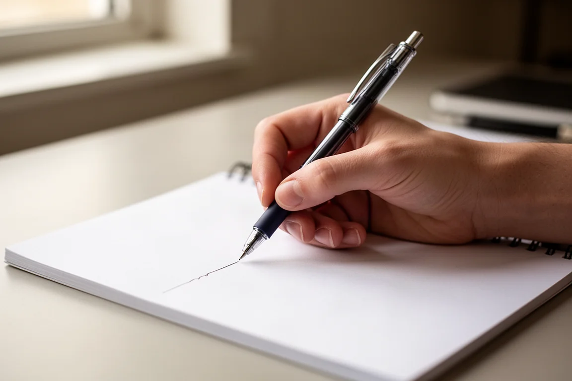 Una mano escribiendo con un bolígrafo de gel suave sobre papel de cuaderno blanco limpio