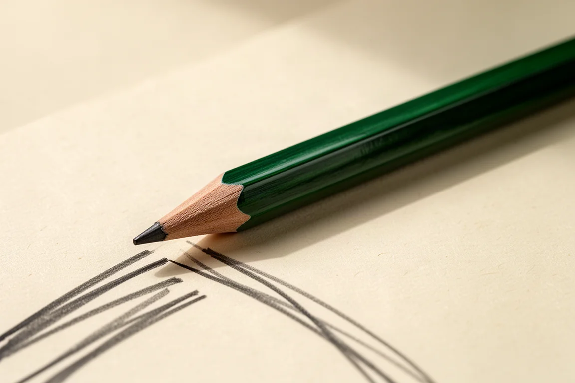 Lápiz de madera con acabado laqueado verde junto a trazos suaves a lápiz sobre papel