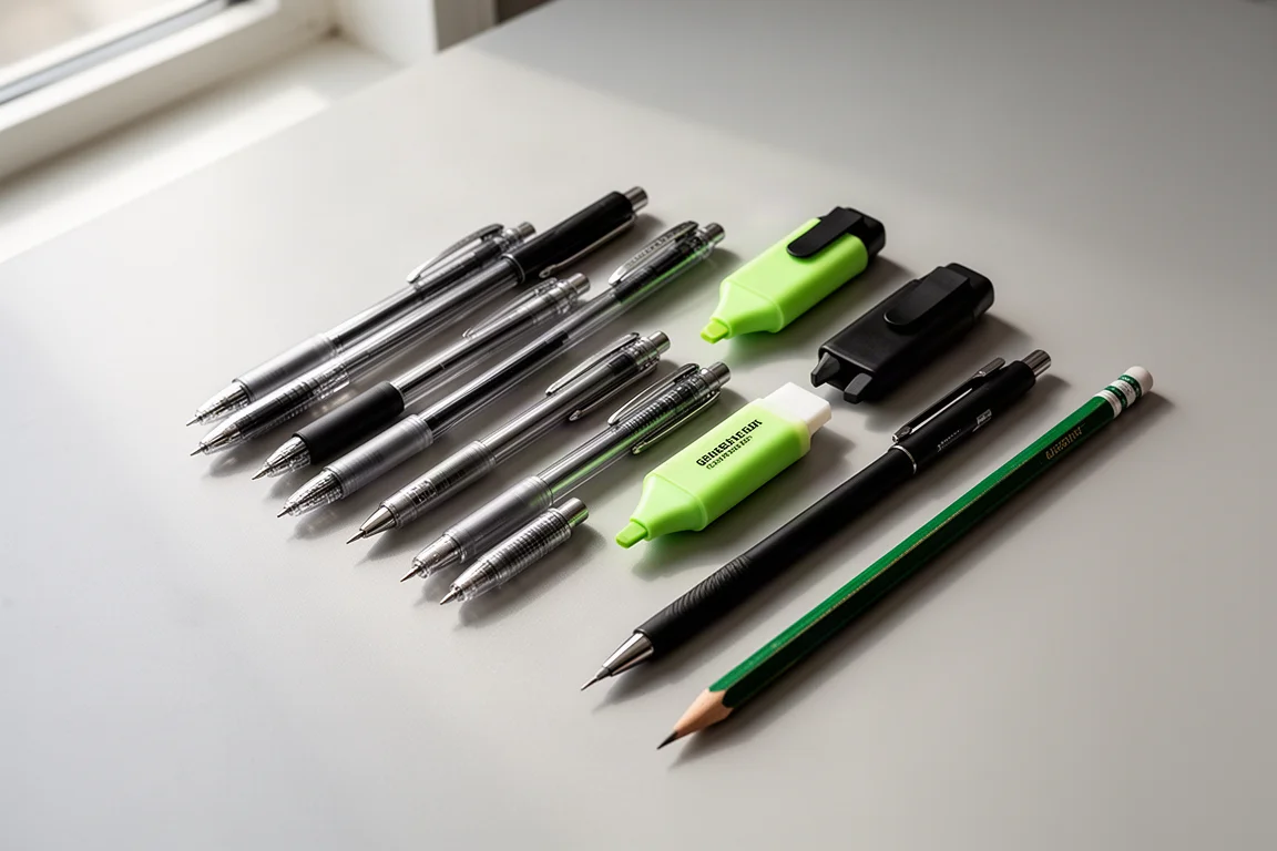 Flat-lay of assorted pens, a twin highlighter, a mechanical pencil and a green wooden pencil on a grey desk